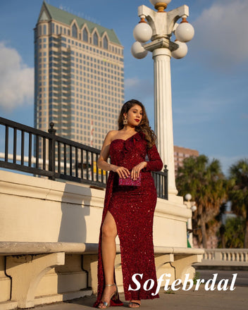 Sparkly Sequin One Shoulder Long Sleeve Side Slit Mermaid Long Prom Dress, PD01014