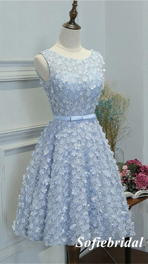 Elegant Blue Tulle Spaghetti Straps A-line Mini Dresses/ Homecoming Dresses With Appliques, HD0319