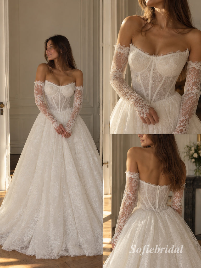 Off-the-Shoulder Floral Lace Wedding Dress, Corset Bodice Floor Length A-Line Bridal Gown,SFWD0123