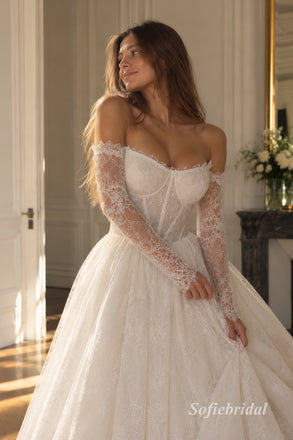 Off-the-Shoulder Floral Lace Wedding Dress, Corset Bodice Floor Length A-Line Bridal Gown,SFWD0123