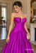 Fuchsia Strapless Deep V Satin A-Line Dress, Corset Floor Length Formal Gown, PD13910
