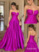 Fuchsia Strapless Deep V Satin A-Line Dress, Corset Floor Length Formal Gown, PD13910