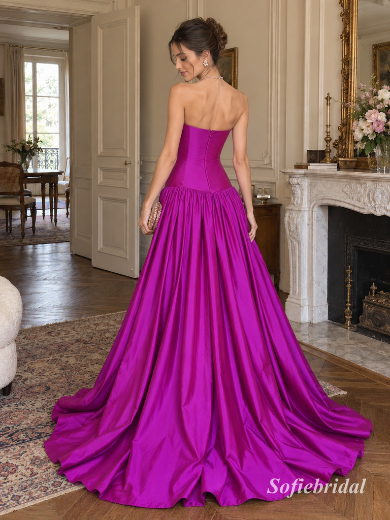 Fuchsia Strapless Deep V Satin A-Line Dress, Corset Floor Length Formal Gown, PD13910