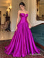 Fuchsia Strapless Deep V Satin A-Line Dress, Corset Floor Length Formal Gown, PD13910