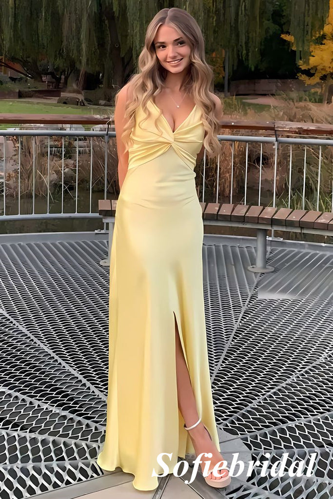 Simple Pale Yellow Twist Front V-Neck Satin Mermaid Maxi Dress with High Slit, PD01241