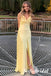 Simple Pale Yellow Twist Front V-Neck Satin Mermaid Maxi Dress with High Slit, PD01241