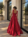 Red Square Neck Bow Strap Satin A-Line Dress, Corset Floor Length Formal Gown, PD13911
