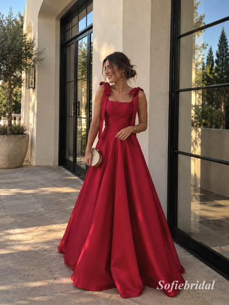 Red Square Neck Bow Strap Satin A-Line Dress, Corset Floor Length Formal Gown, PD13911