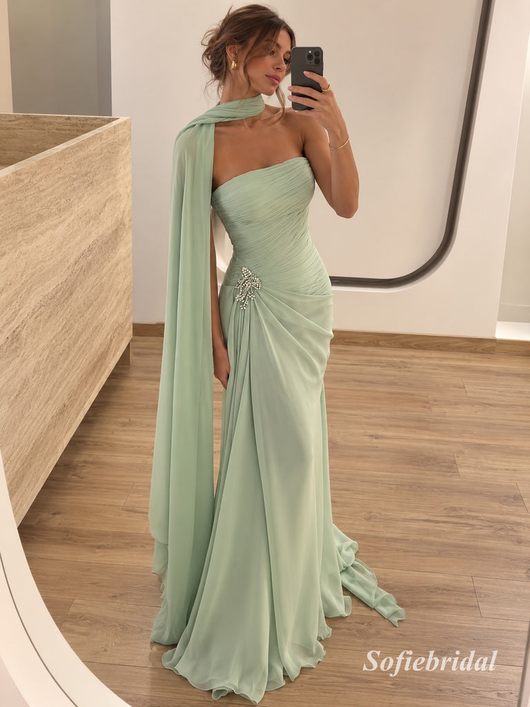 Sage Green One Shoulder Cape Chiffon Mermaid Dress, Ruched Floor Length Formal Gown, PD13912