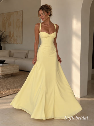 Pale Yellow Sweetheart Wide Strap Chiffon A-Line Dress, Flared Floor Length Formal Gown, PD13913