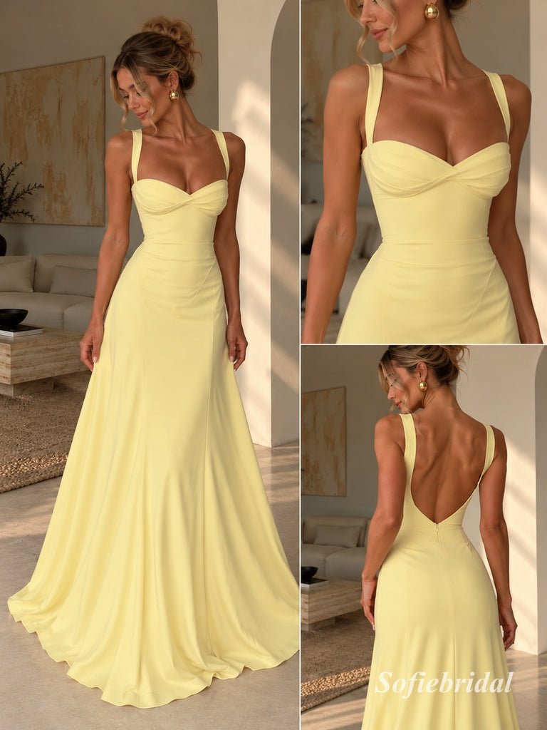 Pale Yellow Sweetheart Wide Strap Chiffon A-Line Dress, Flared Floor Length Formal Gown, PD13913