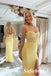 Bright Yellow Glitter Spaghetti Strap Mermaid Prom Dress with High Slit, PD01242