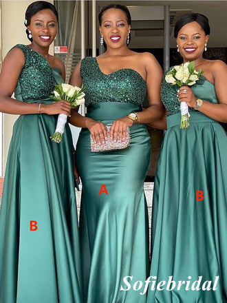 Mismatched Green Sequin And Satin One Shoulder Mermaid Floor Length Bridesmaid Dresses, SFWG00578