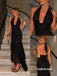 Black Halter Deep V Ruched Chiffon Midi Formal Evening Dress, PD13969