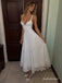 White V-Neck Spaghetti Strap Eyelet Lace Midi Dress, Scalloped Hem A-Line Wedding Guest Dress ,PD13889
