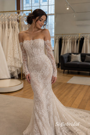 Off Shoulder Long Sleeve Lace Mermaid Wedding Dress, Low Back Sheer Lace Bridal Gown, SFWD0138