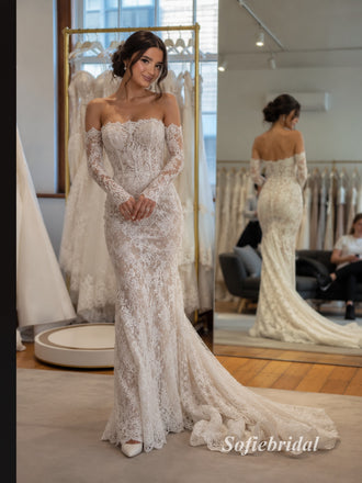 Off Shoulder Long Sleeve Lace Mermaid Wedding Dress, Low Back Sheer Lace Bridal Gown, SFWD0138