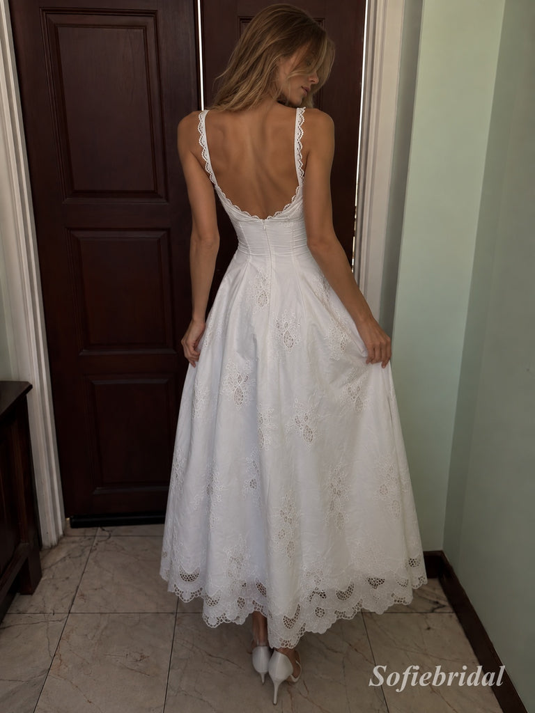 White V-Neck Spaghetti Strap Eyelet Lace Midi Dress, Scalloped Hem A-Line Wedding Guest Dress ,PD13889