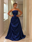 Royal Blue Strapless Ruched Satin Evening Dress, Draped Formal Prom Gown, PD13929