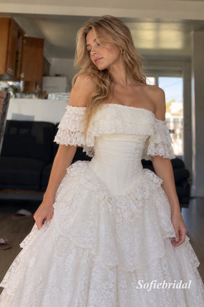 Off-the-Shoulder Ruffled Tiered Lace Wedding Dress, Vintage Corset Bridal Gown, SFWD0152