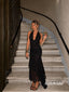 Black Halter Deep V Ruched Chiffon Midi Formal Evening Dress, PD13969