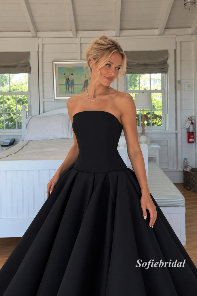 Black Strapless Tube Top A-Line Satin Gown, Simple Minimalist Formal Prom Dress, PD13949