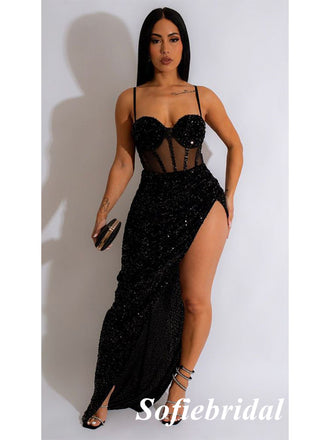 Sexy Black Sequin Spaghetti Straps  Side Slit Mermaid Long Prom Dresses, PD0945