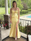 Bright Yellow Soft Satin Strapless Corset High Slit Formal Gown | Prom & Party Dress, PD01231
