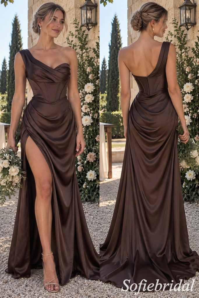 Mismatched Brown Soft Satin Pleated Floor Length Side Slit Mermaid Bridesmaid Gown, SFWG00649