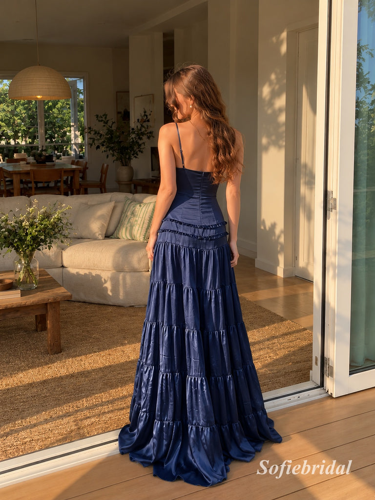 Navy Blue Satin Spaghetti Strap Tiered Ruffle Maxi Dress for Wedding Guest,PD13918