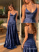 Navy Blue Satin Spaghetti Strap Tiered Ruffle Maxi Dress for Wedding Guest,PD13918