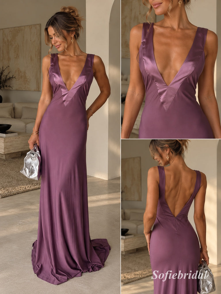 Dusty Purple Deep V Satin Mermaid Dress, Low Back Floor Length Formal Gown, PD13914