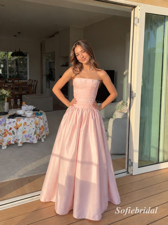 Blush Pink Strapless Pleated Satin A-Line Dress, Tube Top Floor Length Formal Gown, PD13915