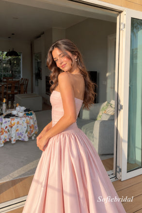 Blush Pink Strapless Pleated Satin A-Line Dress, Tube Top Floor Length Formal Gown, PD13915
