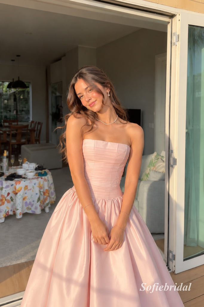 Blush Pink Strapless Pleated Satin A-Line Dress, Tube Top Floor Length Formal Gown, PD13915