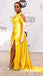 Stunning Yellow Soft Satin Asymmetrical Neck Bridesmaid Dress with High Slit, SFWG00621
