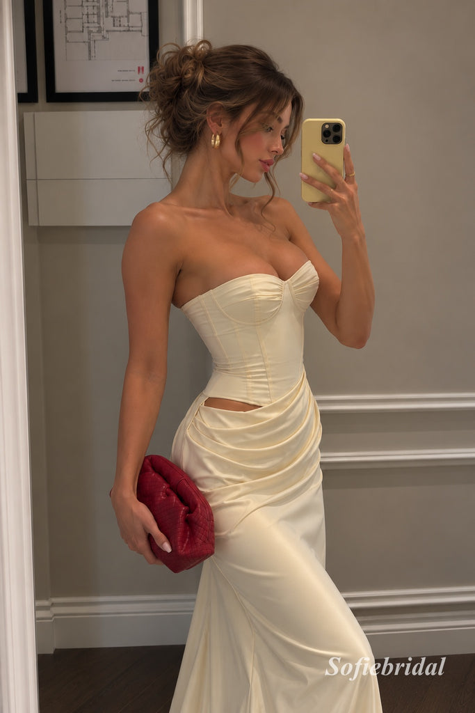 Cream Ivory Strapless Corset Satin Mermaid Dress, Waist Cutout Floor Length Formal Gown,PD13916