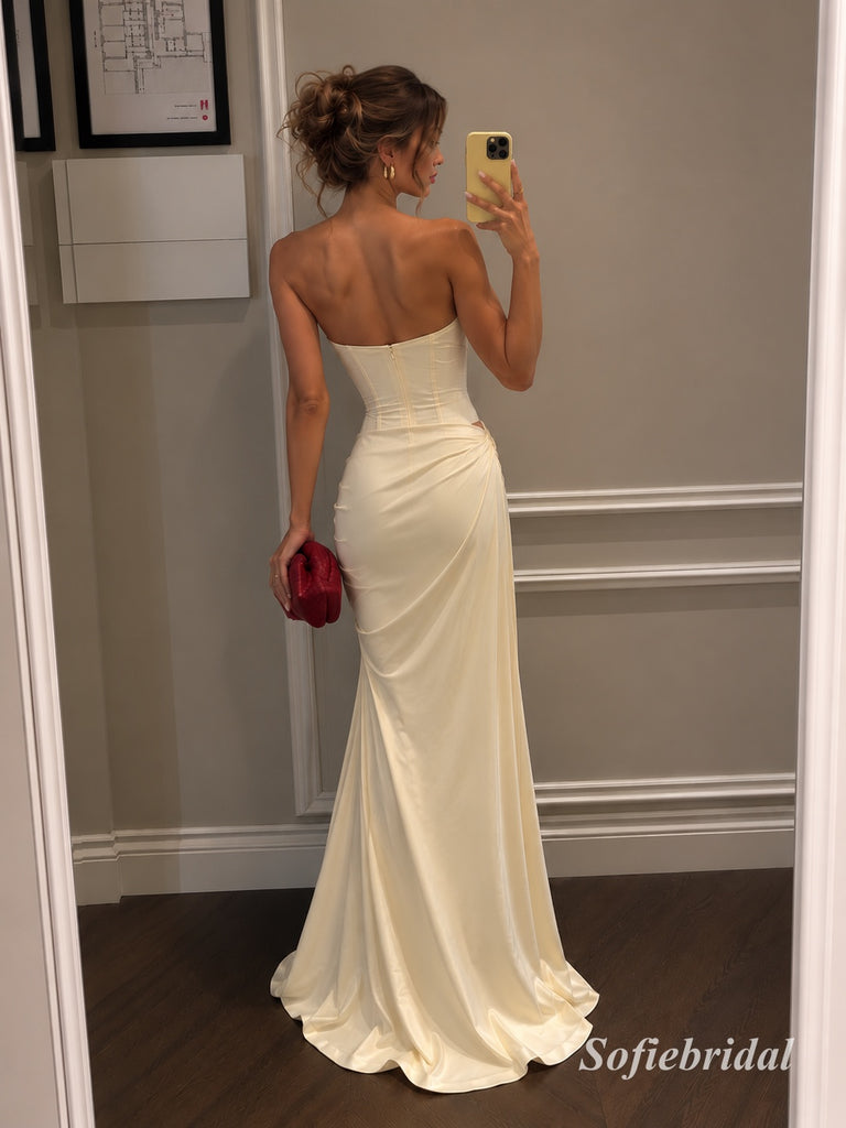 Cream Ivory Strapless Corset Satin Mermaid Dress, Waist Cutout Floor Length Formal Gown,PD13916