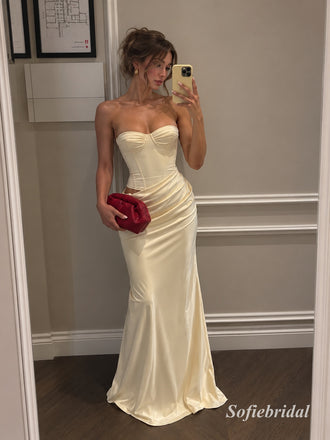 Cream Ivory Strapless Corset Satin Mermaid Dress, Waist Cutout Floor Length Formal Gown,PD13916
