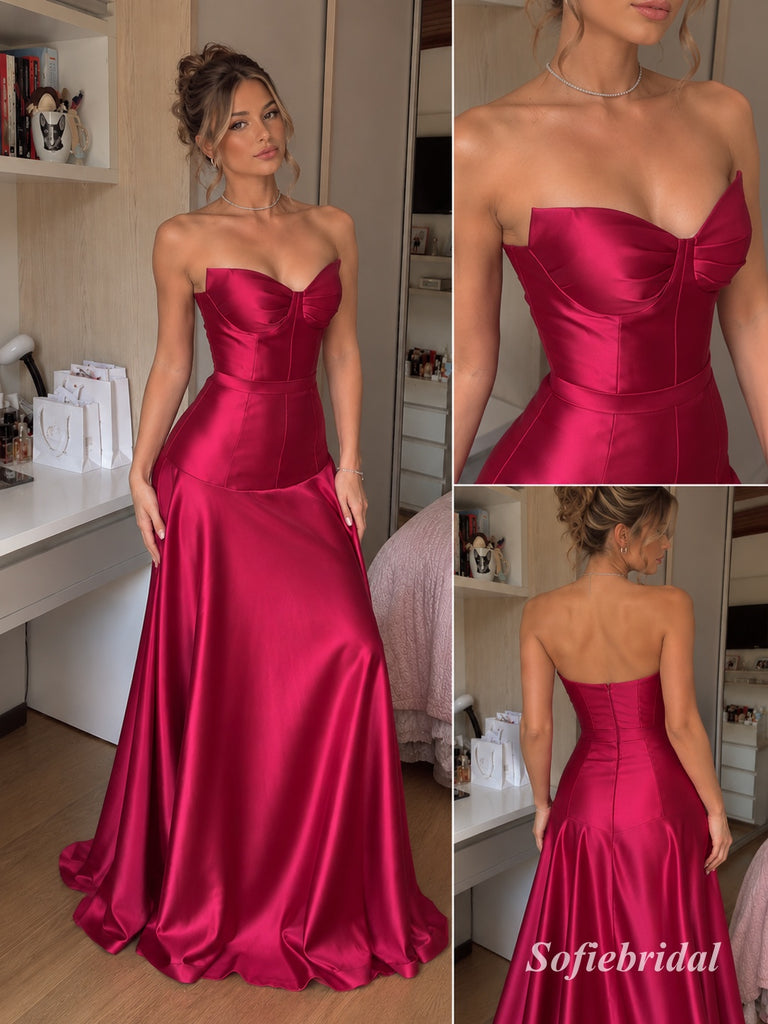 Burgundy Strapless Sweetheart Satin A-Line Dress, Corset Floor Length Formal Gown,PD13917