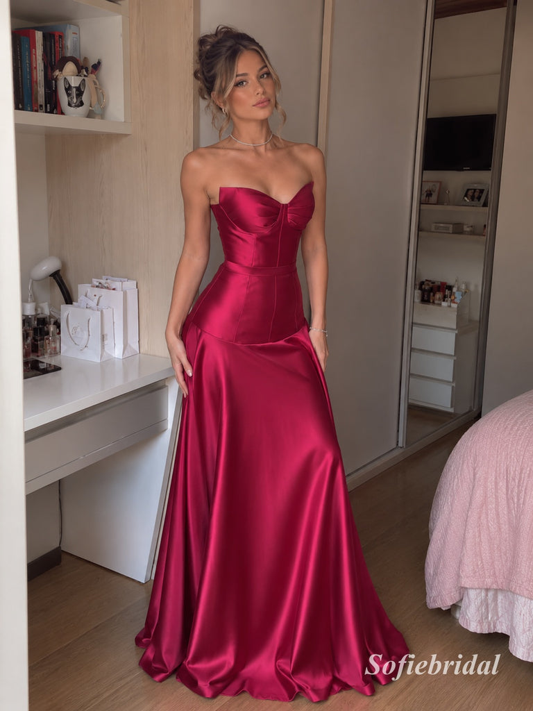 Burgundy Strapless Sweetheart Satin A-Line Dress, Corset Floor Length Formal Gown,PD13917