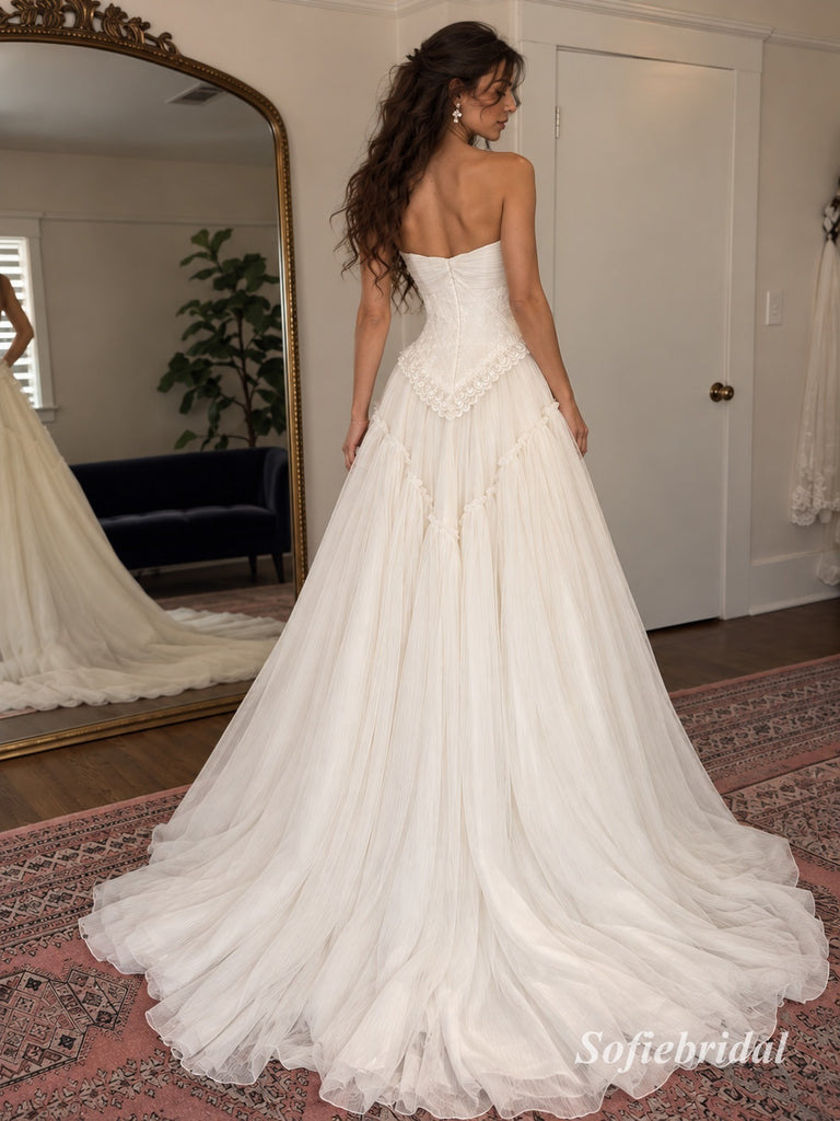 Strapless Lace Tulle Wedding Dress, Corset Bodice Floor Length A-Line Bridal Gown,SFWD0124