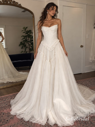 Strapless Lace Tulle Wedding Dress, Corset Bodice Floor Length A-Line Bridal Gown,SFWD0124