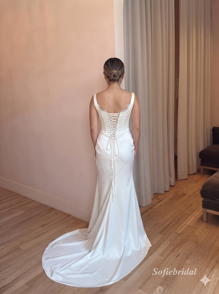 Square Neck Strap Satin Mermaid Wedding Gown, Corset Fitted Bridal Dress,SFWD0126