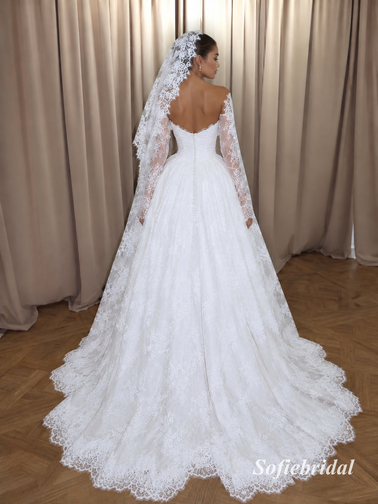 Off Shoulder Sweetheart Lace Ball Gown Wedding Dress, Long Sleeve Corset Bridal Dress, SFWD0153