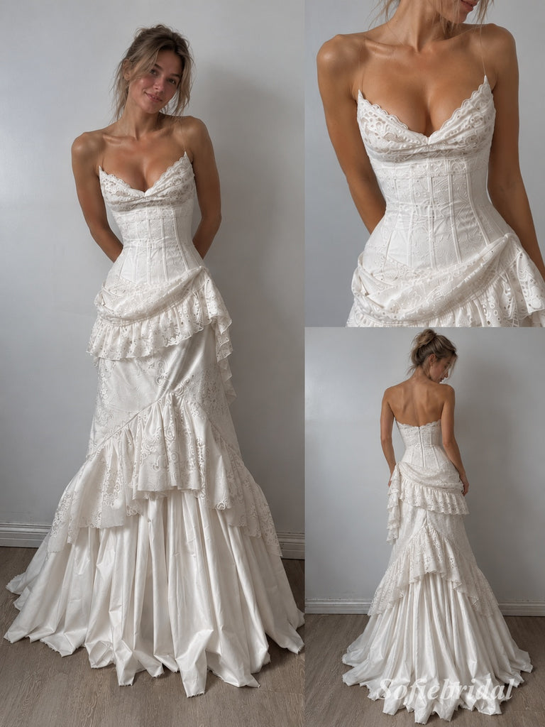 Sweetheart Spaghetti Strap Lace Mermaid Wedding Dress, Ruffled Tiered Skirt Floor Length Bridal Gown,SFWD0118