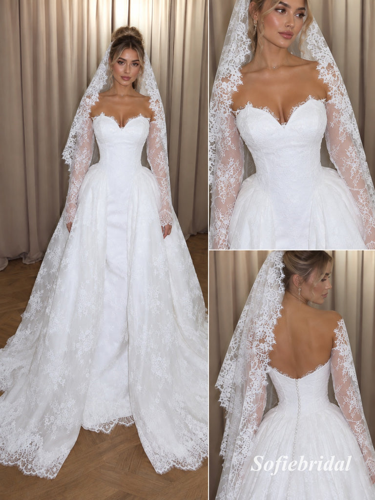 Off Shoulder Sweetheart Lace Ball Gown Wedding Dress, Long Sleeve Corset Bridal Dress, SFWD0153