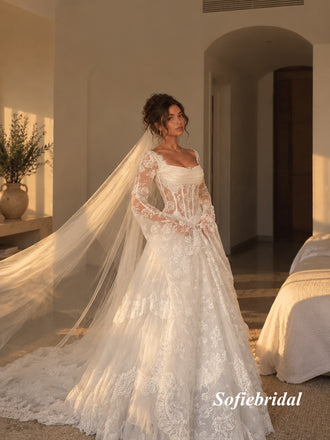 Square Neck Long Sleeve Lace A-Line Wedding Dress, Sheer Corset Bridal Gown With Train, SFWD0154