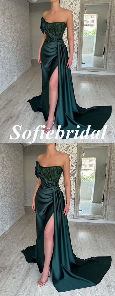 Sexy Soft Satin Sweetheart Sleeveless Side-Slit Mermaid Long Prom Dresses With Applique, PD0958