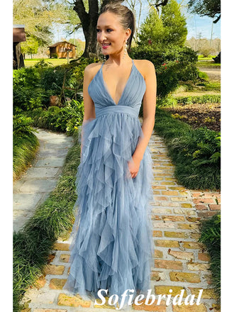 Sexy Tule Spaghetti Straps V-Neck Sleeveless Criss-Cross A-Line Long Prom Dresses, PD01008